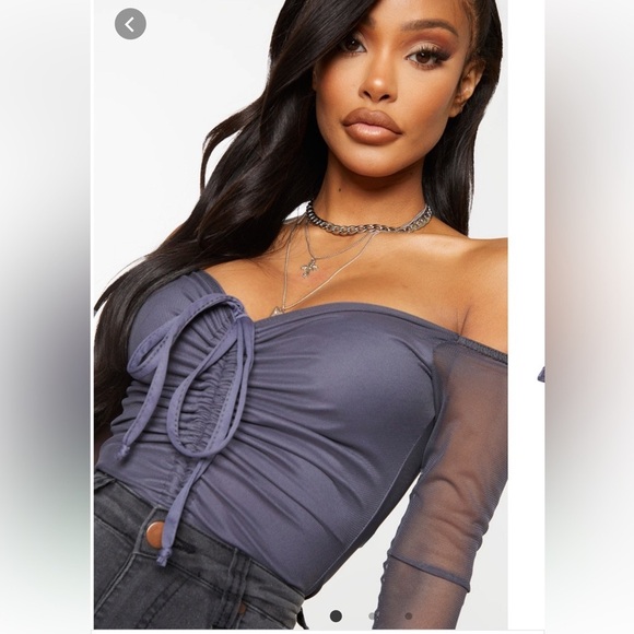 🪩NWT! Pretty Little Thing shape charcoal mesh ruched bodysuit - size 8 - Picture 2 of 12
